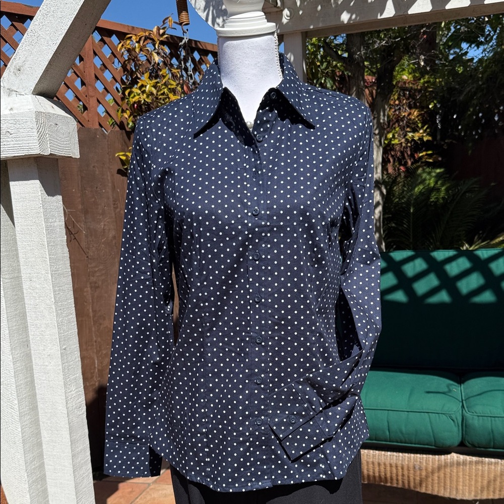 Navy Button-Up Shirt with White Polka Dots